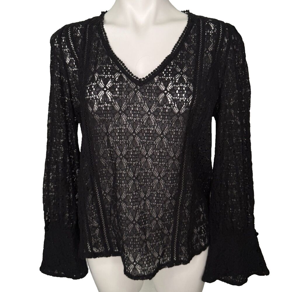 Y2K Whimsigoth Boho Fairy Grunge Sheer Lace Flared Sleeve Black Tunic M